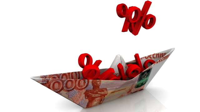 Papierboot-aus-der-russischen-Banknote-füllt-sich-mit-Prozentsätzen