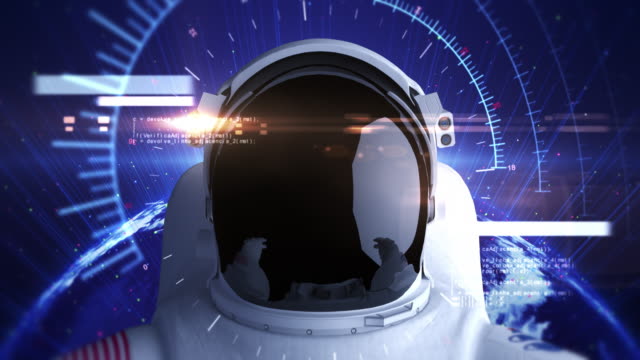 Astronaut-Flying-In-Space-With-Futuristic-Helmet.-Computer-Codes-Around