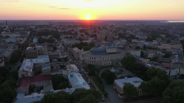 Aerial-view-on-Odessa-opera-and-ballet-theater-during-winter-time-at-sunset