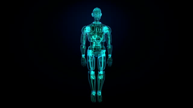 Rotierende-semitransparency-3D-Roboter-Körper-in-die-digitale-Schnittstelle-Skelett-Scannen.