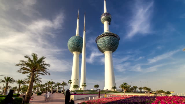 The-Kuwait-Towers-timelapse-hyperlapse---the-best-known-landmark-of-Kuwait-City.-Kuwait,-Middle-East