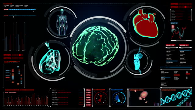 Escaneo-de-cerebro,-corazón,-pulmones,-órganos-internos-en-tablero-de-instrumentos-de-pantalla-digital.