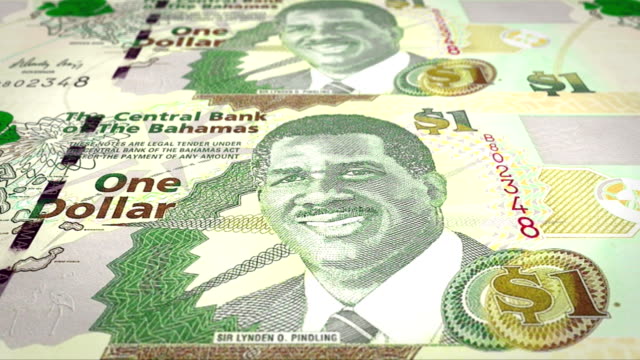 Billetes-de-un-dólar-de-las-Bahamas-en-pantalla,-dinero-en-efectivo,-lazo
