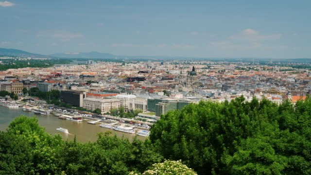 Panorama-of-the-city-of-Budapest,-Hungary.-Panning-shot