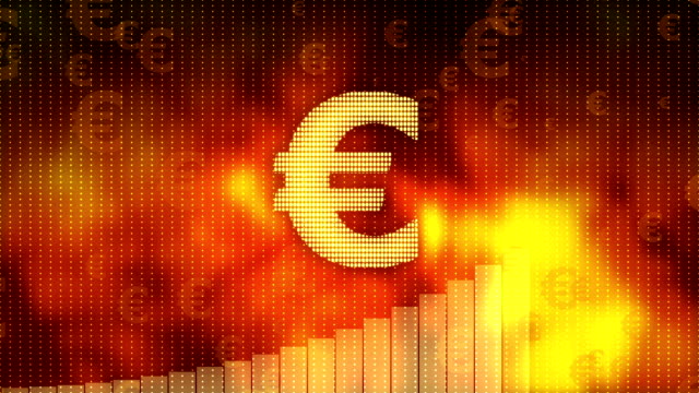 Euro-rising-on-red-background,-currency-gains-value,-financial-crisis-averted