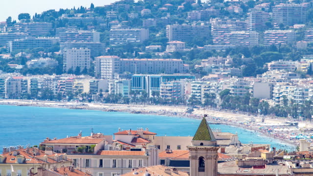 Nice-beach-day-landscape-aerial-top-view-timelapse,-France