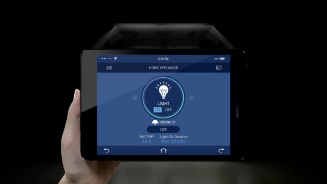 IoT-Tablet,-smart-Pad-Anwendung,-Zimmer-hell-Energieeinsparung-Effizienzkontrolle,-intelligente-Haushaltsgeräte,-Internet-der-Dinge-zu-berühren.