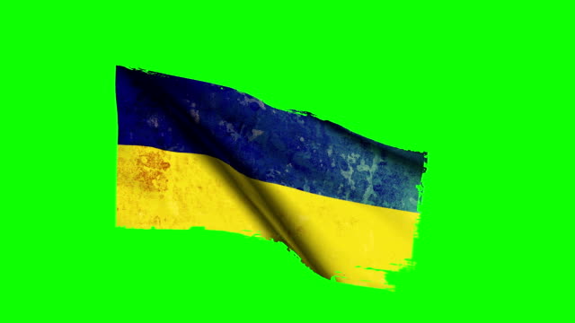 Ukraine-Flag-Waving,-old,-grunge-look-green-screen
