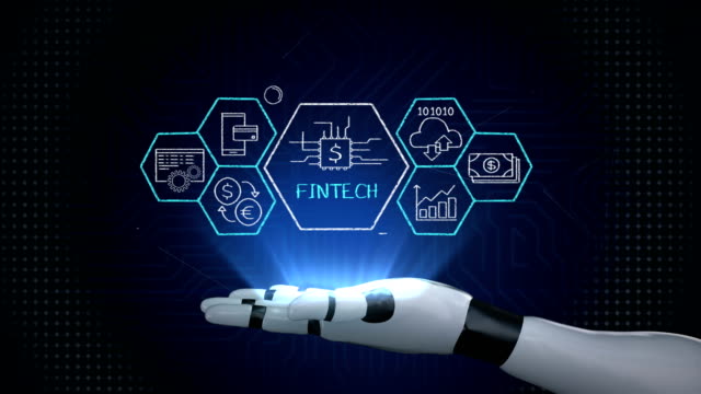 FIN-Tech-Symbol-und-verschiedenen-Graphen-am-Roboterarm.-Futuristische-Finanztechnologie.-4-k-Film.
