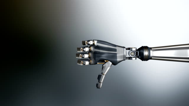 Artificial-arm-giving-thumb-up-and-down.-Futuristic-cyborg,-metal-shines,-abstract-dark-background,-60-fps-animation,-alpha-matte.