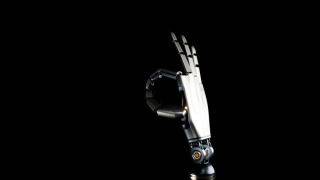 Robotic-palm-shows-Ok-symbol.-Futuristic-arm,-metal-shines,-black-background,-60-fps-animation.