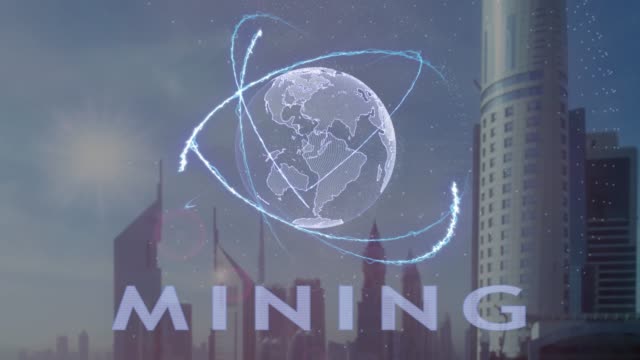 Mining-text-with-3d-hologram-of-the-planet-Earth-against-the-backdrop-of-the-modern-metropolis