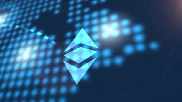 ethereum-classic-cryptocurrency-icon-animation-blue-digital-world-map-technology-background