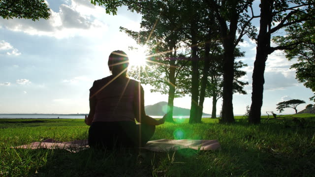 Asiatische-Frauen,-die-Yoga-praktizieren,-entspannen-in-der-Natur-im-Abendsonnenschein,-Lotus-posieren-auf-Meditationssitzung.-Fitness-und-gesundes-Lifestyle-Konzept.