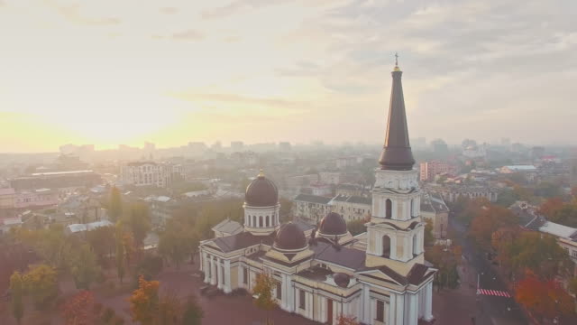 Cinematic-aerial-view-of-old-city-and-Transfiguration-Cathedral-in-Odessa.