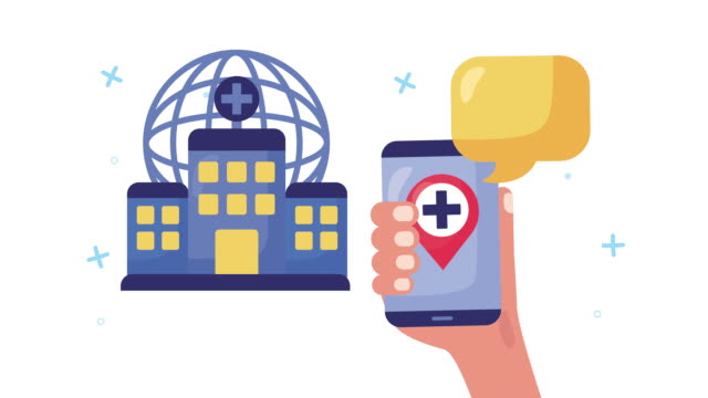Smartphone-mit-Gesundheitsversorgung-online-und-Krankenhausgebäude