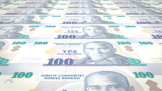 Banknotes-of-one-hundred-turkish-liras-of-Turkey,-cash-money,-loop
