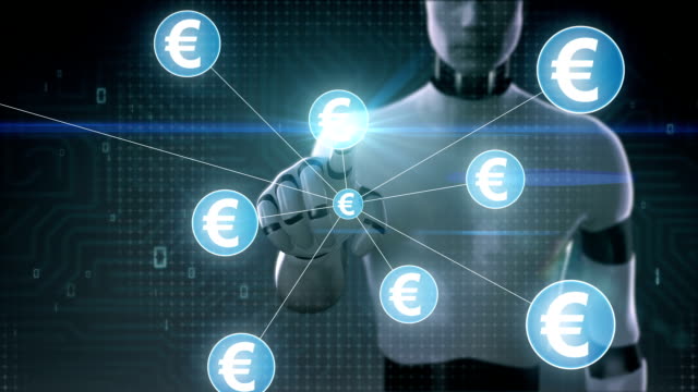 Robot,-cyborg-tocar-símbolo-del-Euro,-se-reúnen-numerosos-puntos-para-crear-un-signo-de-moneda,-puntos-hace-mundial-mapa,-internet-de-las-cosas.-technology.2-financieros.
