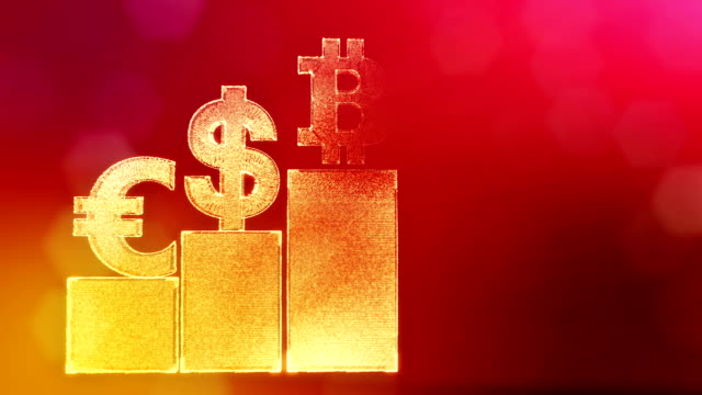 Signs-of-Bitcoin-dollar-and-euro-on-columns.-Financial-background-made-of-glow-particles-as-vitrtual-hologram.-Shiny-3D-loop-animation-with-depth-of-field,-bokeh-and-copy-space..-Red-background-v1
