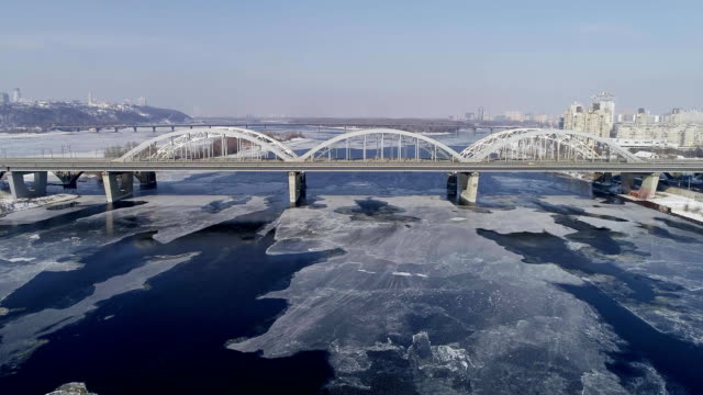 Aerial-view-of-the-Kiev-city,-Ukraine.-Dnieper-river-with-bridges.-Darnitskiy-bridge