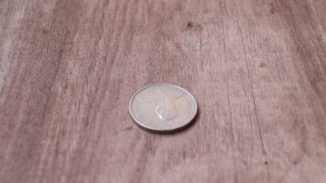 Fünf-Schweizer-Franken-in-der-Schweiz-Geld-auf-dem-Holzboden-drehen-und-stoppen-in-Kopfseite-einer-Münze.