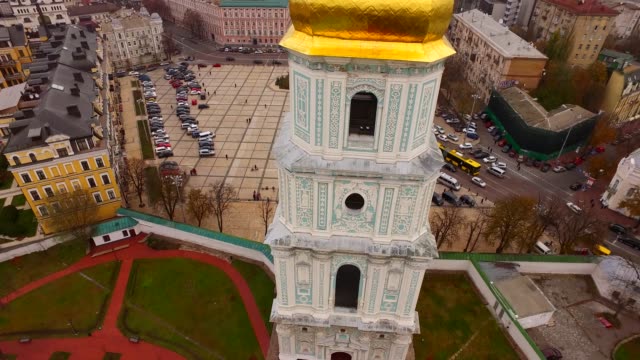 Aerial-view-Saint-Sophia-Cathedral-in-Kyiv.-Ukraine,-Europe.-Architectural,-religion-and-historical-monument-of-Kiev-in-autumn