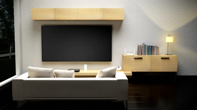 Wohnzimmer-Licht-Energie-sparende-Effizienzkontrolle,-intelligente-Haushaltsgeräte,-Internet-der-Dinge.-4-k-Film.