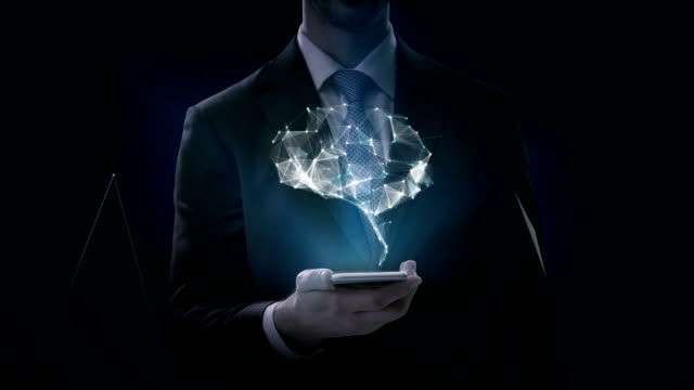 Geschäftsmann-Slide-Touch-mobile,-Gehirn-verbinden-digitale-Leitungen,-wachsen-künstliche-Intelligenz.-4-k-Film.
