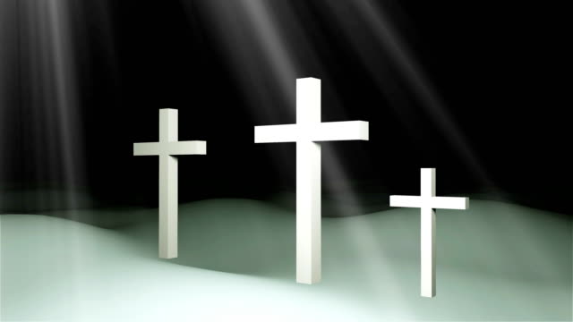 Three-christian-crosses-are-on-ground-and-sun-rays,-resurrection-Easter-conceptual-art,-3d-render