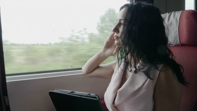 Daydreaming-young-corporate-woman-looking-out-window-on-train-and-texting-on-tablet-pc