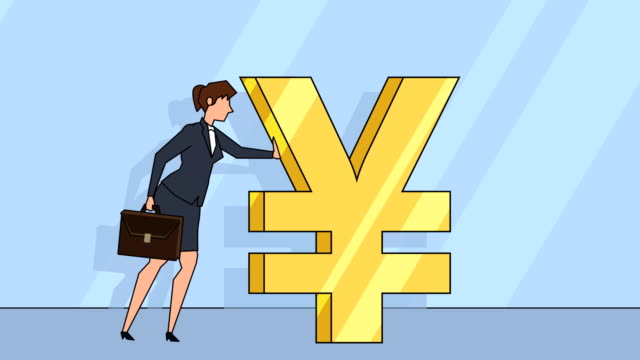 Flat-cartoon-businesswoman-character-with-case-bag-pushes-a-yen-sign-money-concept-animation-with-alpha-matte