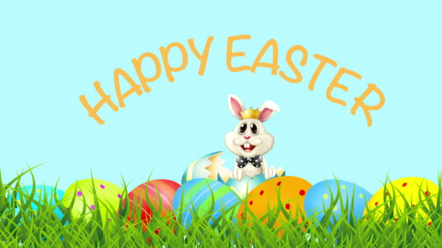 Colorido-feliz-Pascua-huevos-animación-de-texto-y-conejo