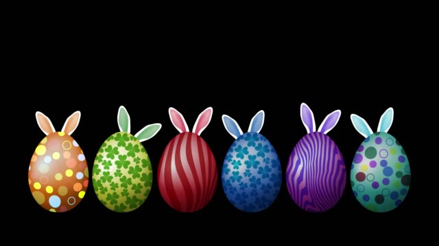 Seis-huevos-de-Pascua-de-color-y-orejas-de-conejo-animación-con-Alpha-Matte-5-10-segundos-bucle-continuo
