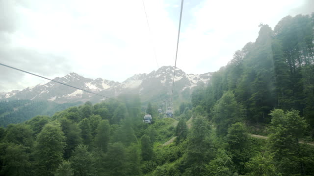 Flight-of-camera-over-mountains.-Aibga-Ridge.-Cable-car-with-cabins