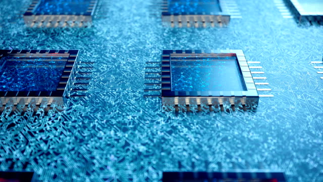 KI-CPU-Konzept-für-künstliche-Intelligenz.-Maschinelles-Lernen.-CPUs-auf-dem-Board-mit-flackernden-Spuren.-Looped-Animation.-Hintergrund-wissenschaftliches-Konzept-in-blauem-Licht.-3D-Animation