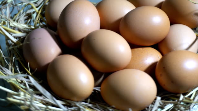 Bio-frische-Eier-im-Nest-bereit-zum-Kochen.-Nahaufnahme-und-Drehen