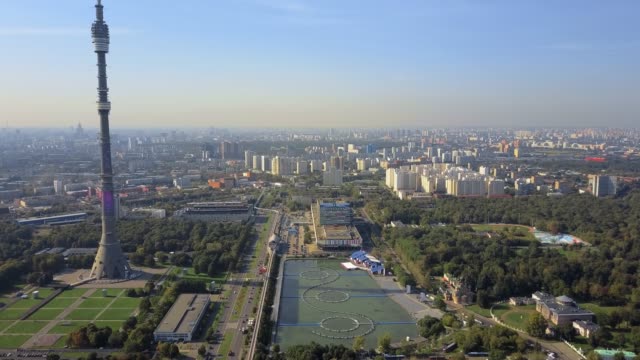 Aerial-Moscow-view-with-Ostankino-Tower,-Russia