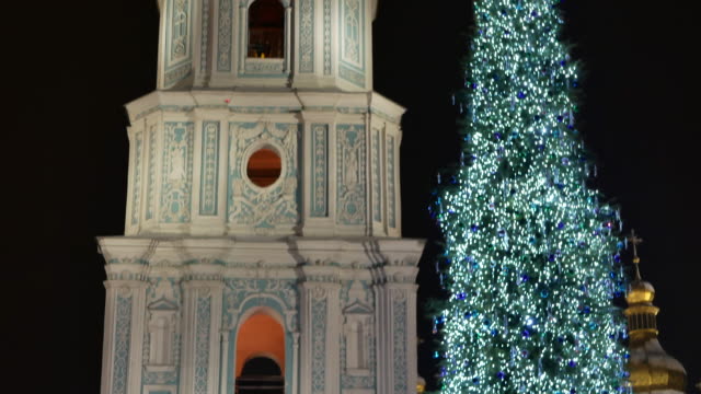 Bell-tower-of-Saint-Sophia-Cathedral-Monastery-UNESCO-heritage-by-Christmas-tree