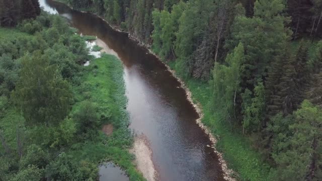 Schöner-russischer-Fluss-in-der-Nähe-des-Mischwaldes,-Sträucher,-Blumen-und-Bäume-gegen-blauen-bewölkten-Himmel-am-Sommertag.-Stock-Footage.-Malerische-Aussicht-von-oben-der-russischen-Natur