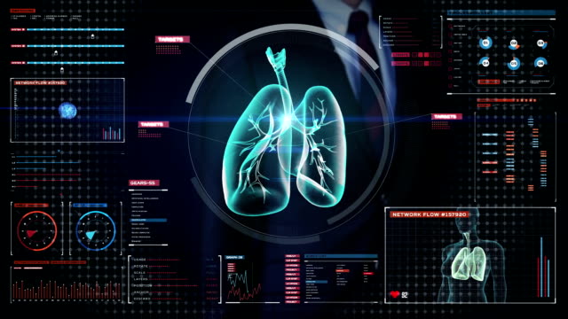 Geschäftsmann-berühren-digitalen-Bildschirm,-Rotierende-menschliche-Lunge,-Lungendiagnostik.