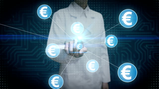 Wissenschaftlerin,-Ingenieur-berühren-Euro-Währungssymbol,-zahlreiche-Punkte-sammeln,-um-ein-Pfund-Währungszeichen,-Punkte-macht-globale-Weltkarte,-Internet-der-Dinge-zu-erstellen.-Finanztechnologie