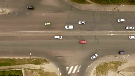 Aerial---City-traffic,-cars,-trucks,-buses-on-the-road.