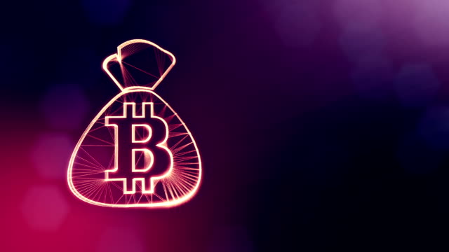 Bitcoin-Logo-auf-der-Tasche.-Finanzkonzept.-Finanzieller-Hintergrund-aus-Glühen-Teilchen-als-Vitrtual-Hologramm.-Glänzende-Schleife-3D-Animation-mit-Tiefe-Feld,-Bokeh-und-Kopie.-Violette-Farbe-v2