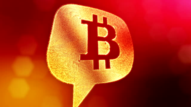 Bitcoin-Logo-in-einer-Nachricht-Wolke.-Finanzieller-Hintergrund-aus-Glühen-Teilchen-als-Vitrtual-Hologramm.-Glänzende-Schleife-3D-Animation-mit-Tiefe-Feld,-Bokeh-und-Kopie.-Rote-Farbe-v2