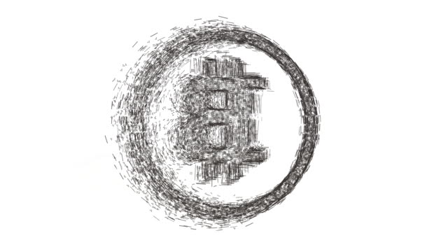 3D-Drahtmodell-Spin-schwarz-und-montieren-in-einem-Bitcoin-3D-Symbol-im-Ring.-4-k-sauber-3D-Animation-auf-weißem-Hintergrund