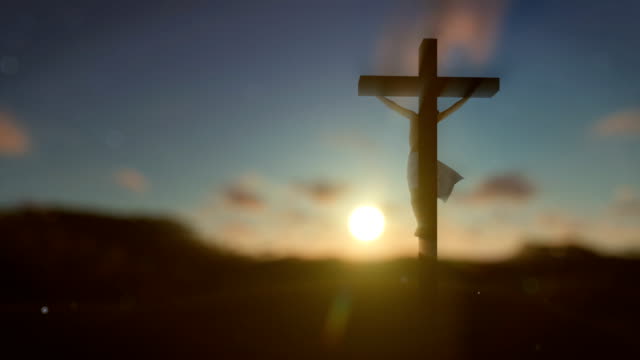 Jesus-Kreuz-gegen-verschwommen-Sonnenaufgang,-4K