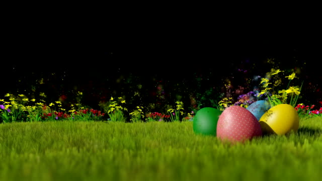 Huevos-de-Pascua-en-prado-verde-con-partículas-volando