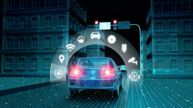 IoT-car-connect-traffic-information-control-system,-select-application,-Internet-of-things.-4k-size