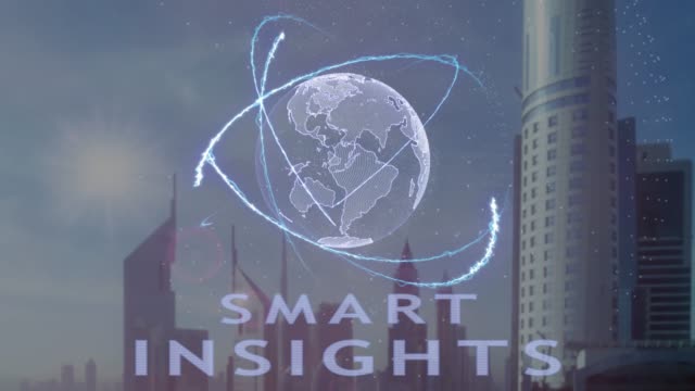 Smart-insights-text-with-3d-hologram-of-the-planet-Earth-against-the-backdrop-of-the-modern-metropolis