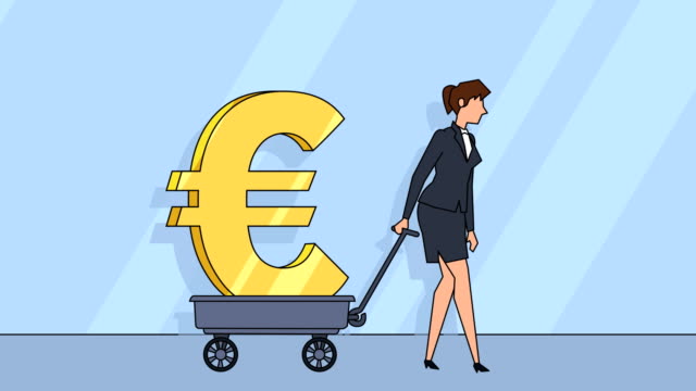 Flat-cartoon-businesswoman-character--pulls-cart-with-euro-sign-money-concept-animation-with-alpha-matte